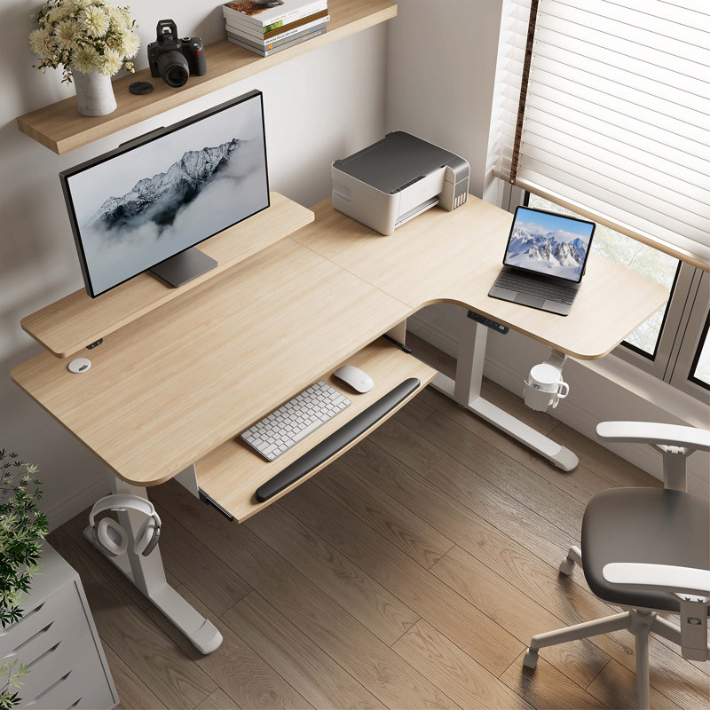 Inbox Zero Marquasha L Shaped Standing Desk with Monitor Stand LED Strips Dual Motor Reviews Wayfair
